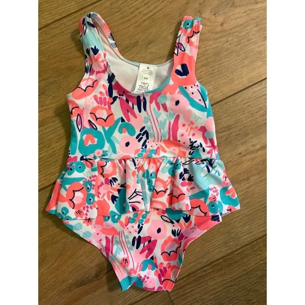 Carters Baby Girl Floral One Piece Swimsuit Ruffle Skirt‎ Snaps Coral Teal 6M